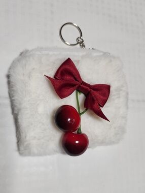 White Faux Fur Cherry Key & Card Holder with Red Bow